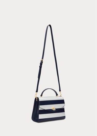 Refined Navy/White Stripe Women’s Ralph Lauren Striped Leather Medium Farrah Satchel Bags
