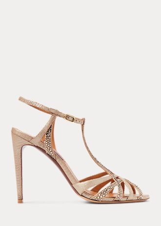 Rose Gold Women’s Ralph Lauren Wells Embellished Suede & Leather Sandals