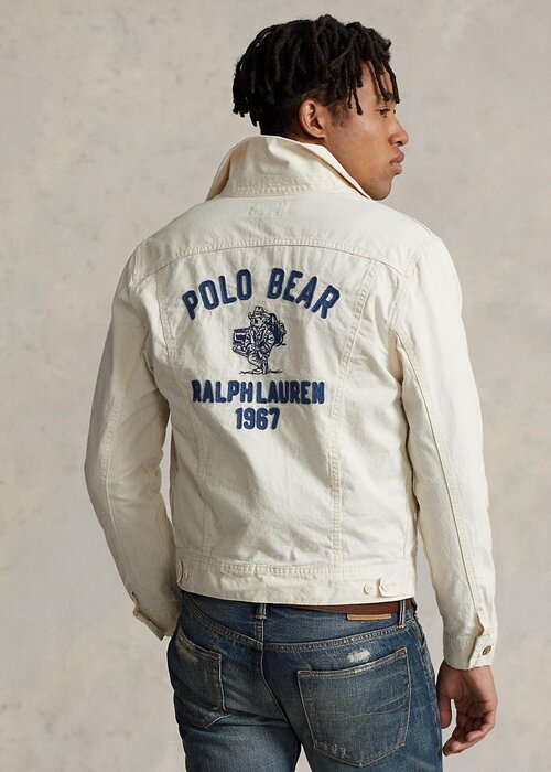 White Men’s Ralph Lauren Polo Bear Embroidered Trucker Jackets White Men’s Ralph Lauren Polo Bear Embroidered Trucker Jackets