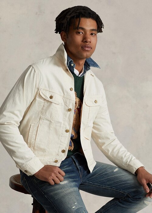 White Men’s Ralph Lauren Polo Bear Embroidered Trucker Jackets White Men’s Ralph Lauren Polo Bear Embroidered Trucker Jackets