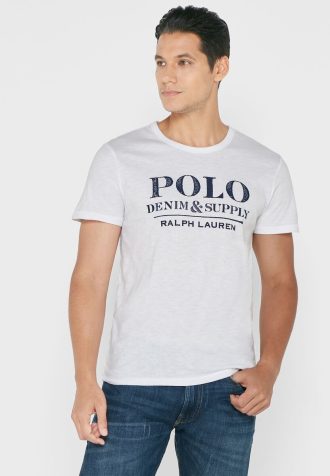 White Men’s Ralph Lauren Slogan Crew Neck T Shirts