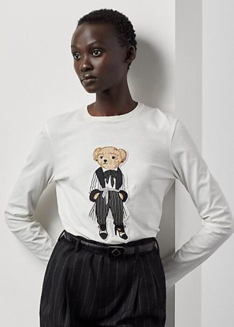 White Women’s Ralph Lauren Cinema Polo Bear Cotton Long-Sleeve T Shirts White Women’s Ralph Lauren Cinema Polo Bear Cotton Long-Sleeve T Shirts