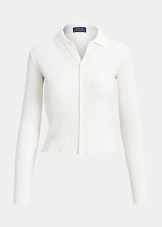 White Women’s Ralph Lauren Cropped Ribbed Button-Front Polo Shirts White Women’s Ralph Lauren Cropped Ribbed Button-Front Polo Shirts