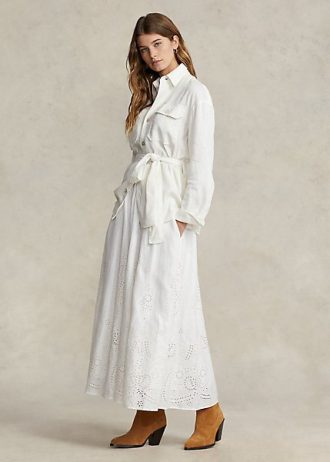 White Women’s Ralph Lauren Eyelet Linen Midi Skirts