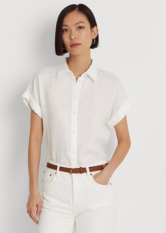 White Women’s Ralph Lauren Linen Dolman-Sleeve Shirts White Women’s Ralph Lauren Linen Dolman-Sleeve Shirts