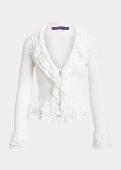 White Women’s Ralph Lauren Ruffle-Trim Cardigan Sweaters White Women’s Ralph Lauren Ruffle-Trim Cardigan Sweaters